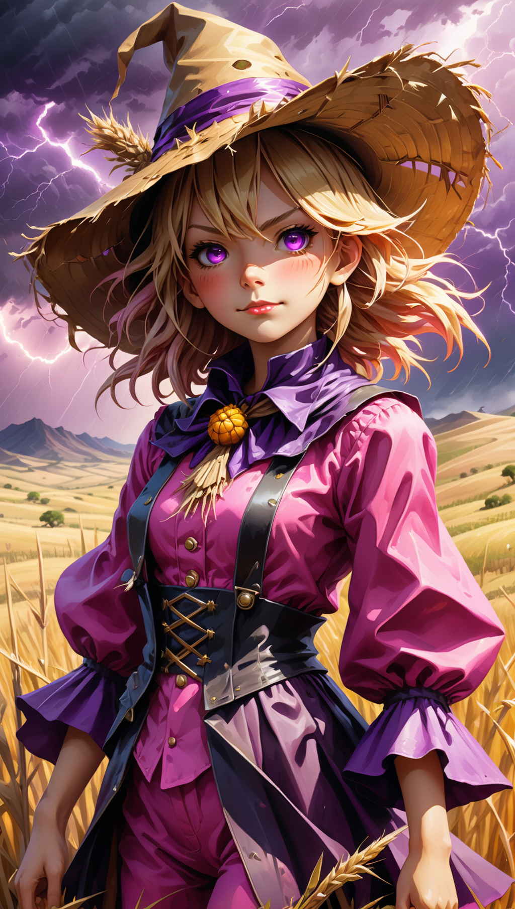 02309-2967056361-A Card Art. Close Up shot, oil painting , ultra detailed illustration of Scarecrow girl, pink and purple clothes, straw hat, bac.png